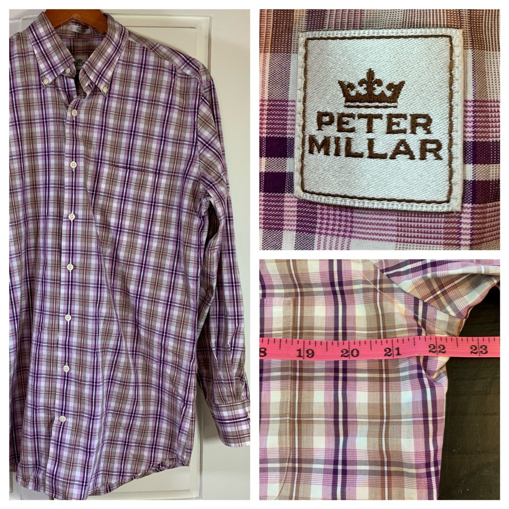 Peter Millar Men's Plaid Shirt M Purple Tan‎ Check Preppy Y2K Dadcore Church